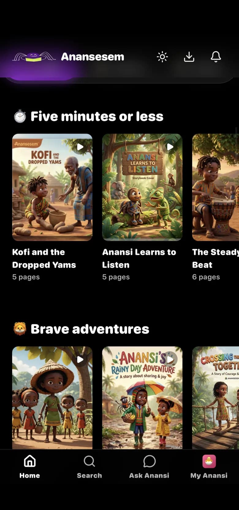 The app home screen, showing shelves titled "Five minutes or less" and "Brave adventures", each with illustrated story covers.