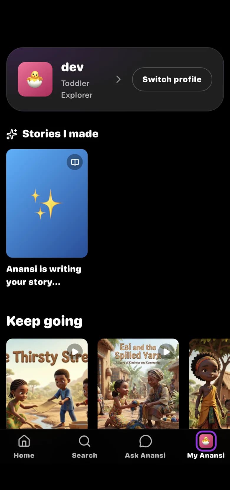 A child profile screen showing "Stories I made" with a story being written, and a "Keep going" row of part-finished stories.